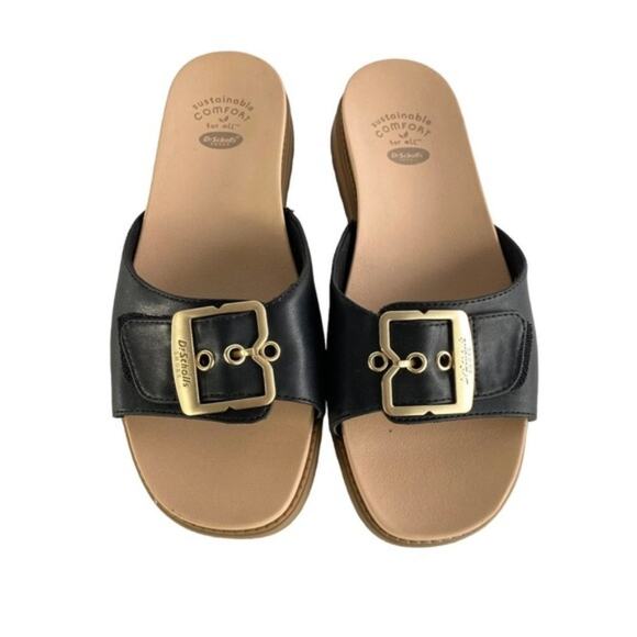 Dr. Scholl's Slide Sandals Women 8W Black Get it Movin Iconic Buckle Flats Beach - Picture 3 of 7